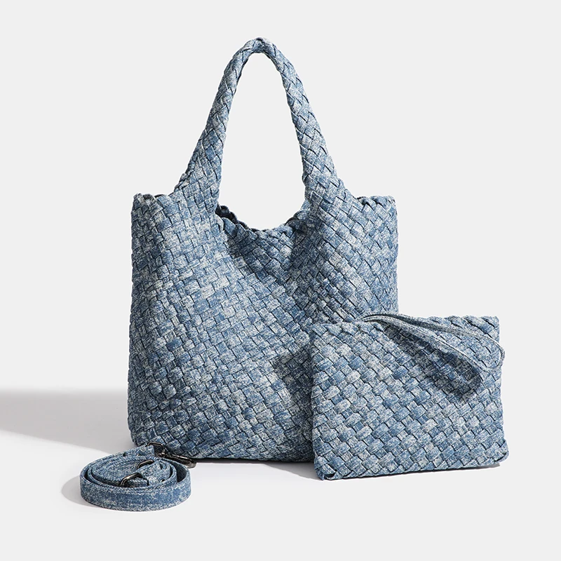 

Women Jean Woven Bag Hand-Woven Denim Tote Handbag Fashion Shoulder Top-Handle Bag All-Match Underarm Bag With Purse