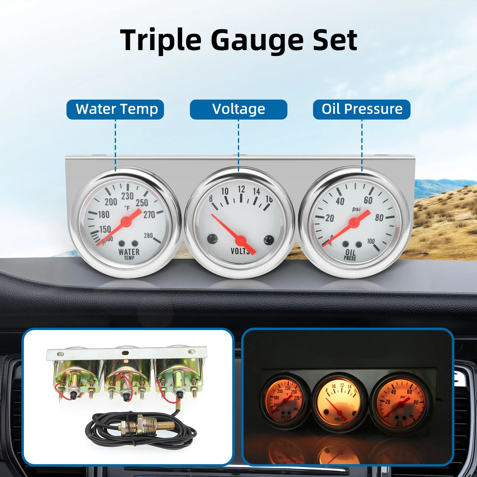 

Universal 52mm Auto Triple Gauge Water Temp + Voltage + Oil Pressure Cars Meter Kit Chrome 3 in 1 for Car Boat Truck SUV Sensor
