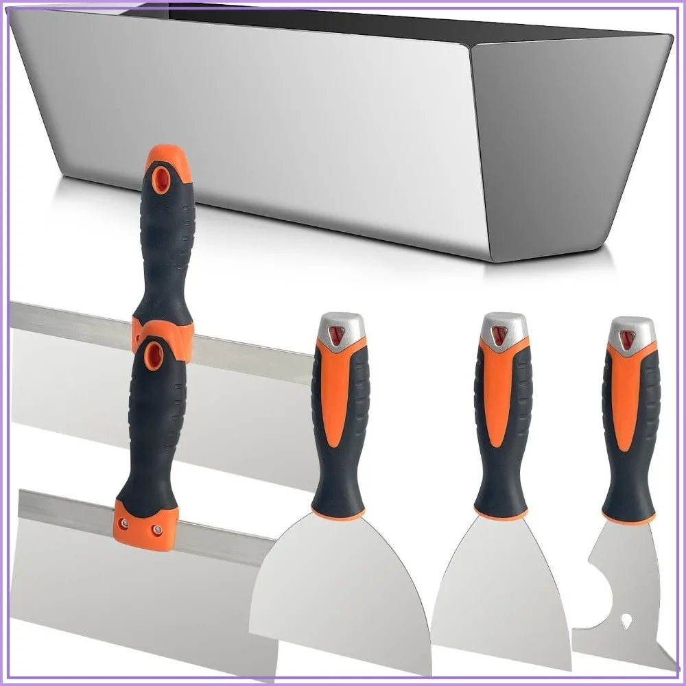 

Drywall Hand Tool Kit, 5Pcs Stainless Steel Putty Knife Scrapers Taping Knife with Mud Pan for Drywall Repairing, Paint Scraping, Wallpaper Removing