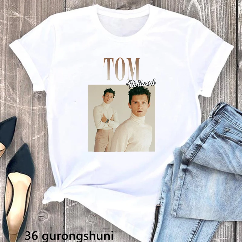 Fashion Tom Holland Grapphic Print Tshirts Women White Funny T Shirt Female Harajuku Shirt Summer Fashion Tops Tee Shirt Femme