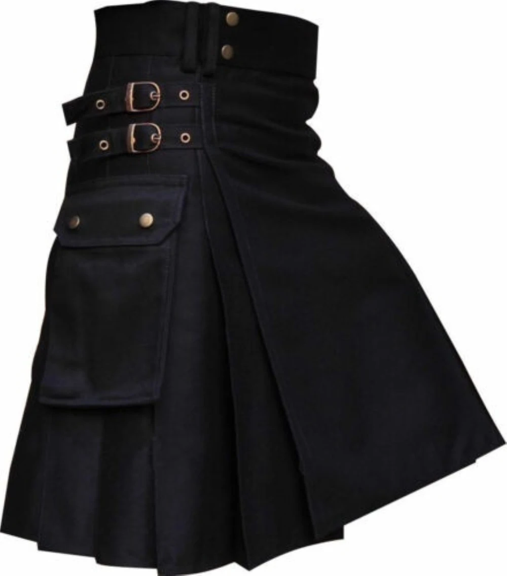 High Quality Fashion Men Cool Pocket Kilts Solid Color Gothic Kilt Vintage Warrior Cargo Kilt Metal Belt Pleated Skirt