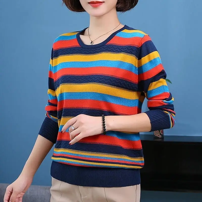 2023 Spring Autumn Fashion Thin Striped Knitted Tops Women\'s Clothing Korean All-match O-Neck Screw Thread Pullovers T-shirt