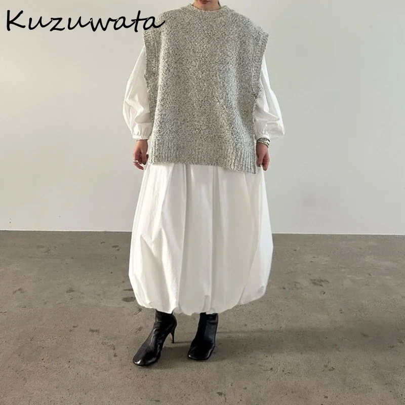 Kuzuwata Lazy Collarless Sleeveless Woman Sweaters Loose Pullover Zip Soft Casual Women Clothing Japan Knit Moda Sweater Vest