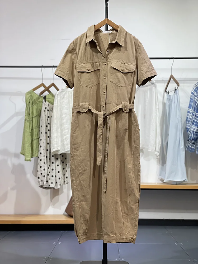 Comfortable Casual Street Sle Commute  Collar f Buttoned Women's Onesie Cotton Wide Leg Pants Midi Length