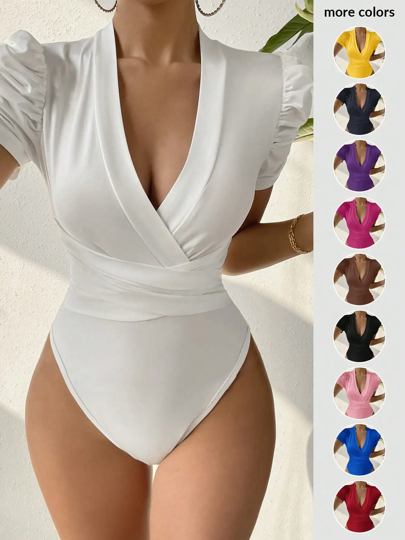 

Женское боди с V-образным вырезом и пышными рукавами - однотонное