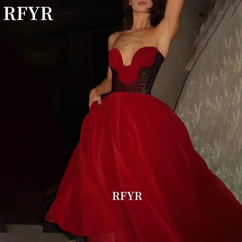 

RFYR Red Prom Dress Lace Evening Dress Sweetheart Party Dress Tea Length vestidos de fiesta Customized