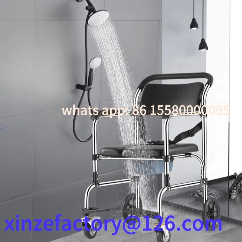 

Customizable Mobile Bath Chair Folding Stainless Steel Commode Toilet Disabled Shower Seat with Wheels Wheeled Foldable Shower T