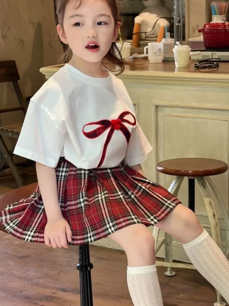 Girls' Bow Embellished Short Sleeve T-Shirt Plaid Pleated Skirt Set 2025 New Korean Style Schoolgirl Outfit Combo​