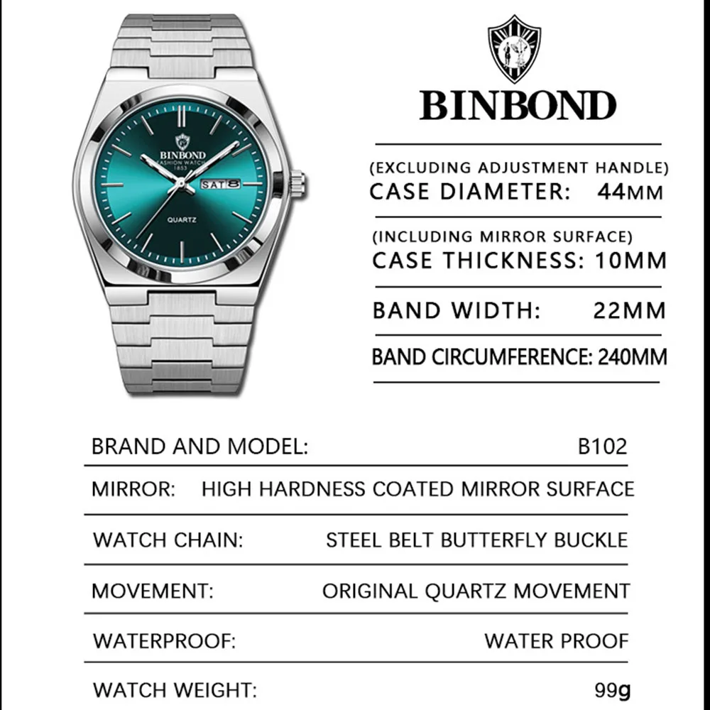 BINBOND Men's Watches Simple Fashion Original Quartz Watch for Man Waterproof Fine Steel Luminous Date Week Trend Gift Box Reloj