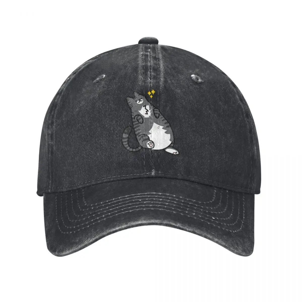 Gato deitado bonés de beisebol, Denim vintage lavado Headwear, Chapéus ao ar livre, estilo unisex