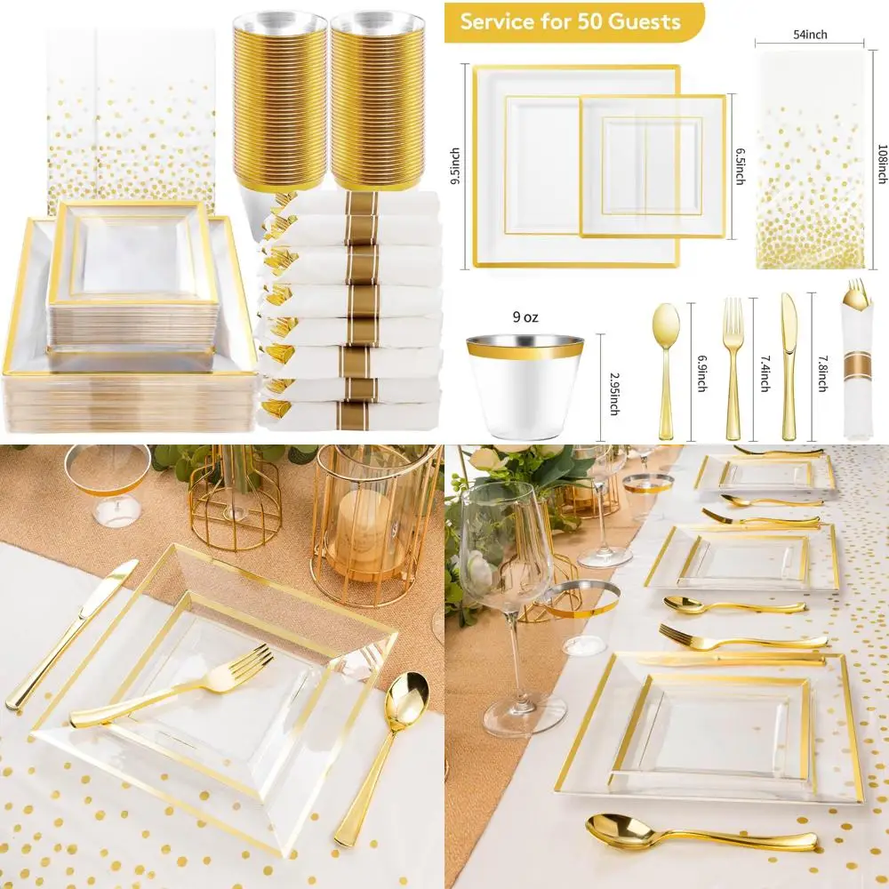 

Набор прозрачной пластиковой посуды на 50 гостей: 100 квадратных тарелок с золотой отделкой, 50 рулонных салфеток