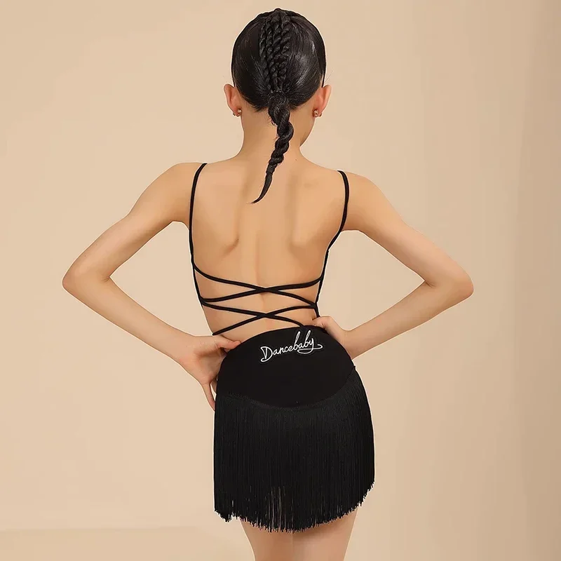 Conjunto de baile latino para niños, ropa para niñas, Tops, falda con flecos, ropa de práctica de Cha Rumba, vestido de competición latina, novedad de verano 2025