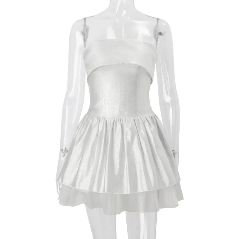 Franse Meisjesachtige Stijl Dunne Flash Tube Top Jurk Lente/Zomer 2025, Dames Lace-up Slanke Pluizige Party Wind Fairy Jurk