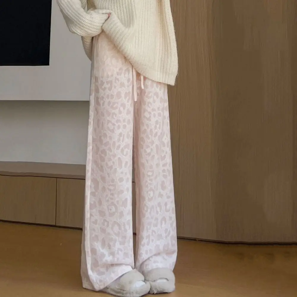 

Plush Velvet Leopard Pants Drawstring Thicken Warm Casual Pants Women High Waist Workout Trousers Wide Leg Pants Streetwear