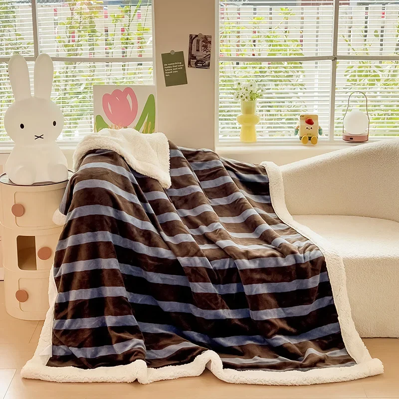 

2024 New Ins Striped Milk Velvet Double Blanket Thickened Warm Nap Multifunctional Leisure Blanket 70x100 100x160 200x230