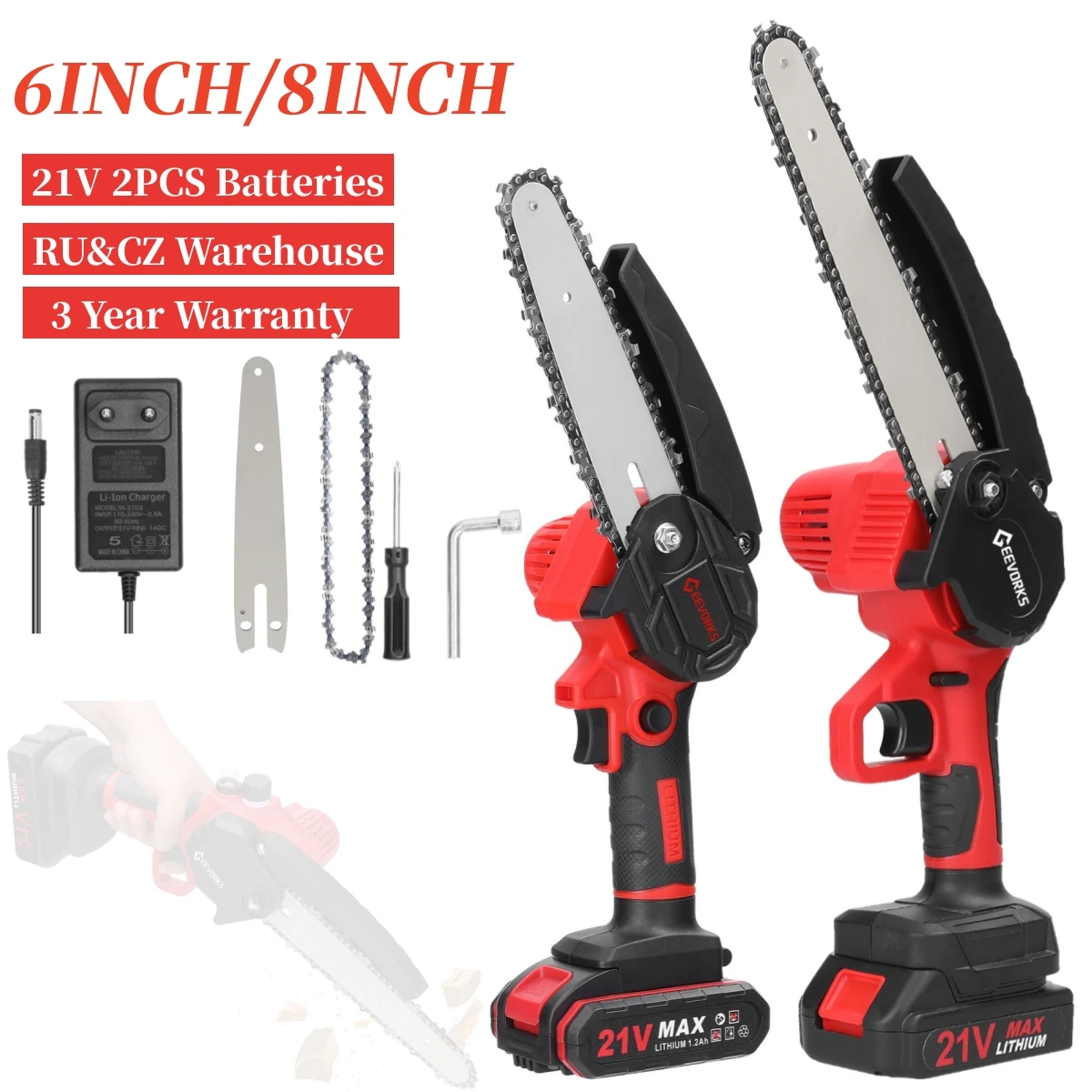 21V 6/8In Portable Cordless Chain Saw Electric Chainsaw Rechargeable By1.2/1.3Ah Batteries Saws Gardening Power Tools Powered