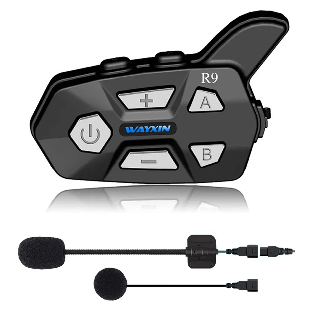 WAYXIN R9 Helmet Headset Motorcycle Intercom 6 Rider Talking Same Time 1500M For Bluetooth Universal Pairing Fm Radio IP67 1Pcs