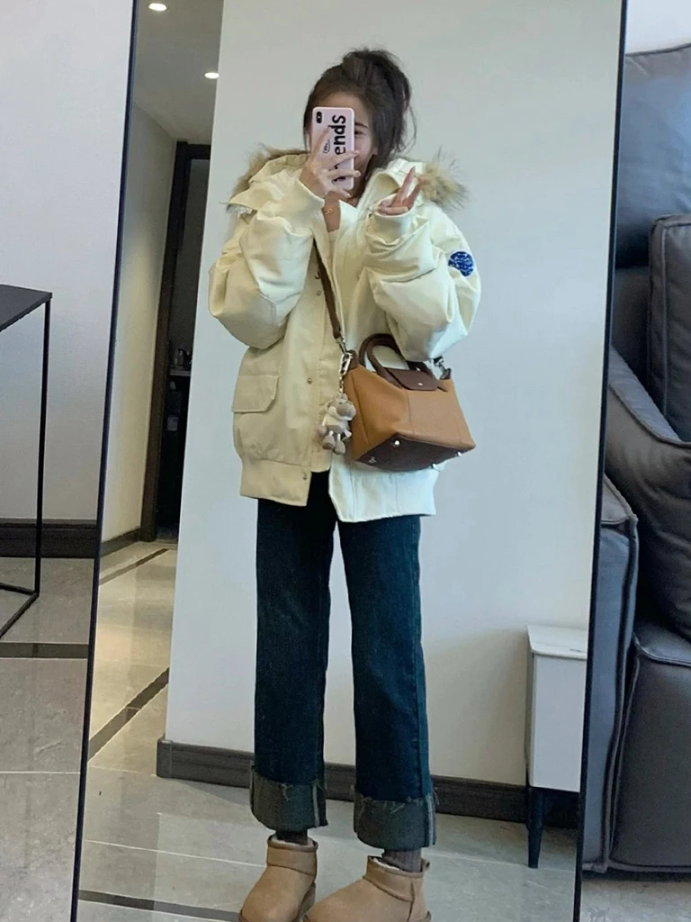 

Parkas Real Fur Womens Fall Splice Hooded Wash-Free Anti-Cold Medium-Length Lady Decorative Long-Sleeved Belted Matte Cut Niche