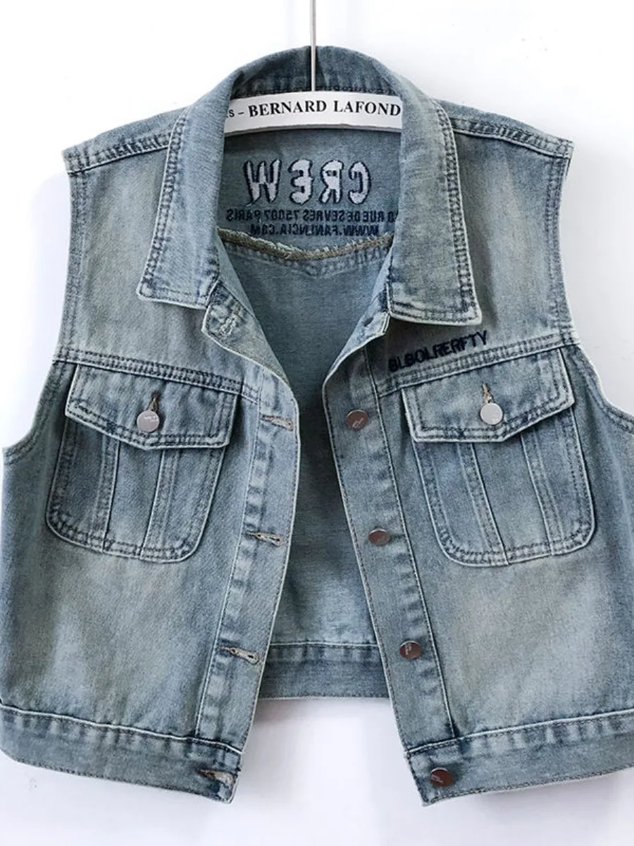 

Korean Style Letter Embroidery Retro Washed Denim Vest Women's Spring Summer New No Sleeve Short Length Fashionable Jacket