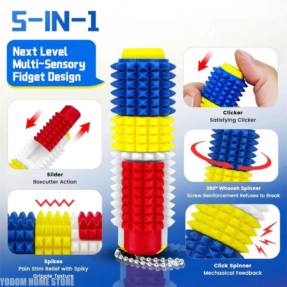 2026 new 5-in-1 Spiked Roller 3D Printed Spiky Pain Stim Keychain Pocket Mini Sensory Fidget for Anxiety Stress Relief
