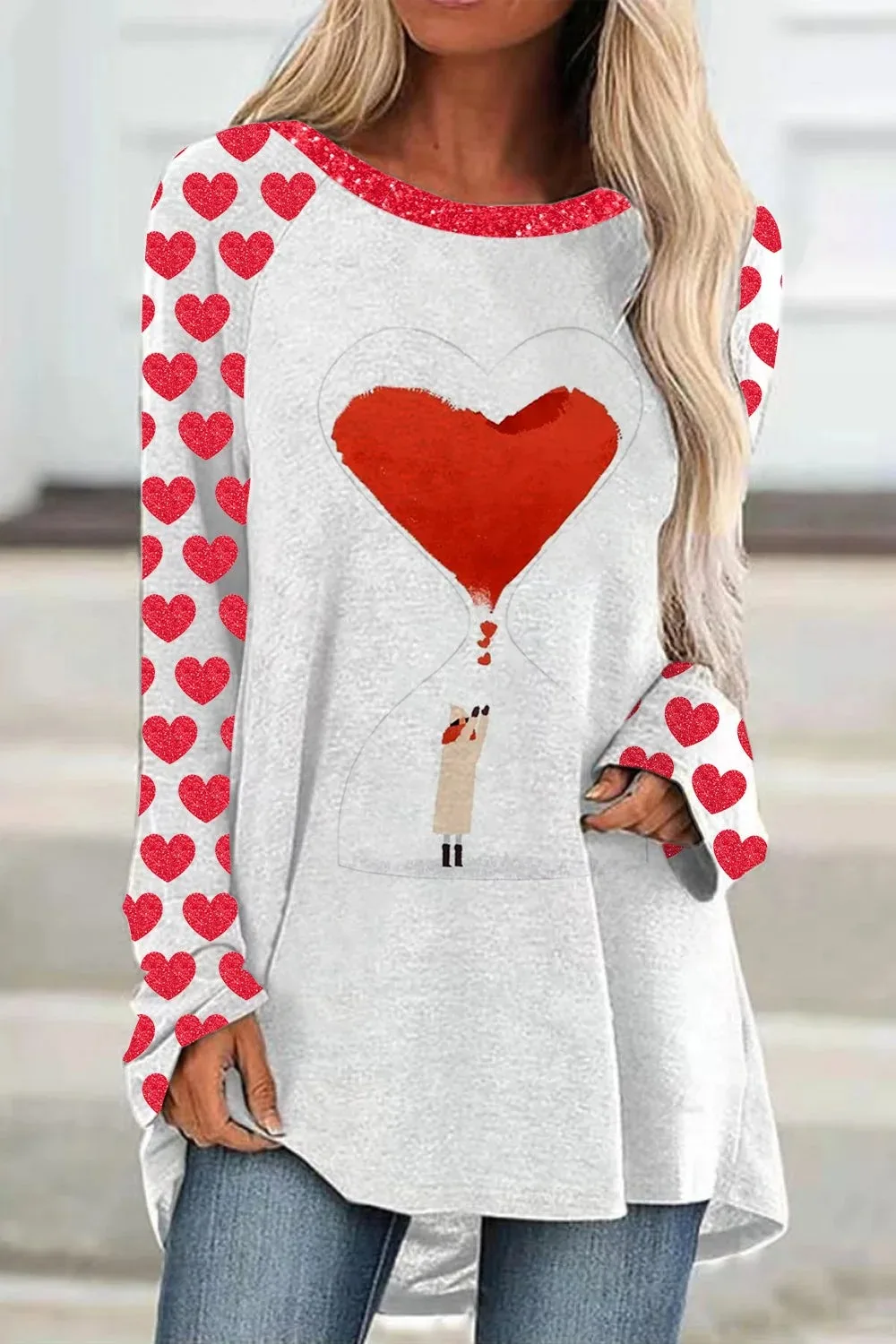 

Dresses for women's summer new round necked long sleeved heart printed minimalist mid length 2024 dress WA1