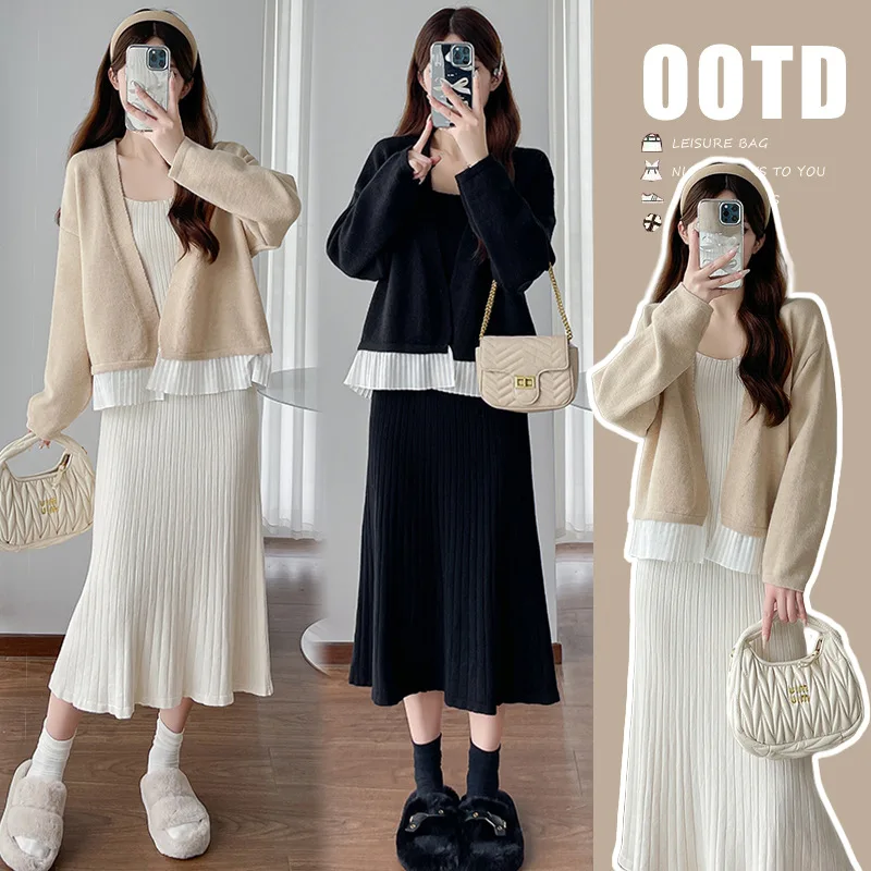 Autumn Maternity Dress Set Fashion Cardigan Coat+ Knit Slip Dress 2Pcs for Pregnant Woman Loose Coat Slim Maternity Suit Wear