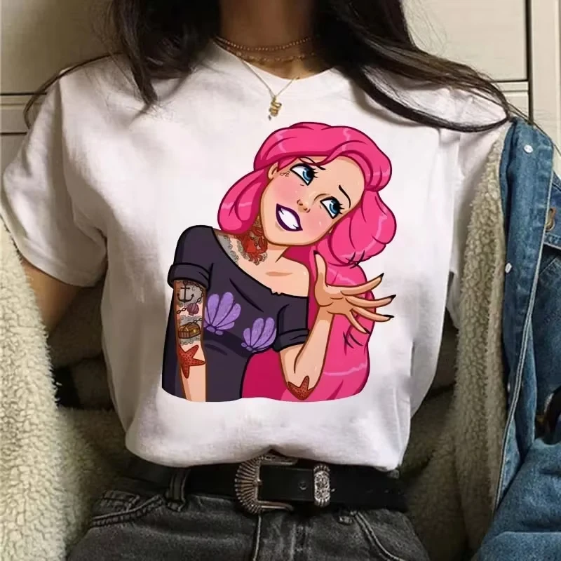 

Disney Punk Princess Printed Tshirt Cute Pattern Tee Mermaid Ariel Kawaii Girls T-Shirt Summer Womens Tops Harajuku T Shirt