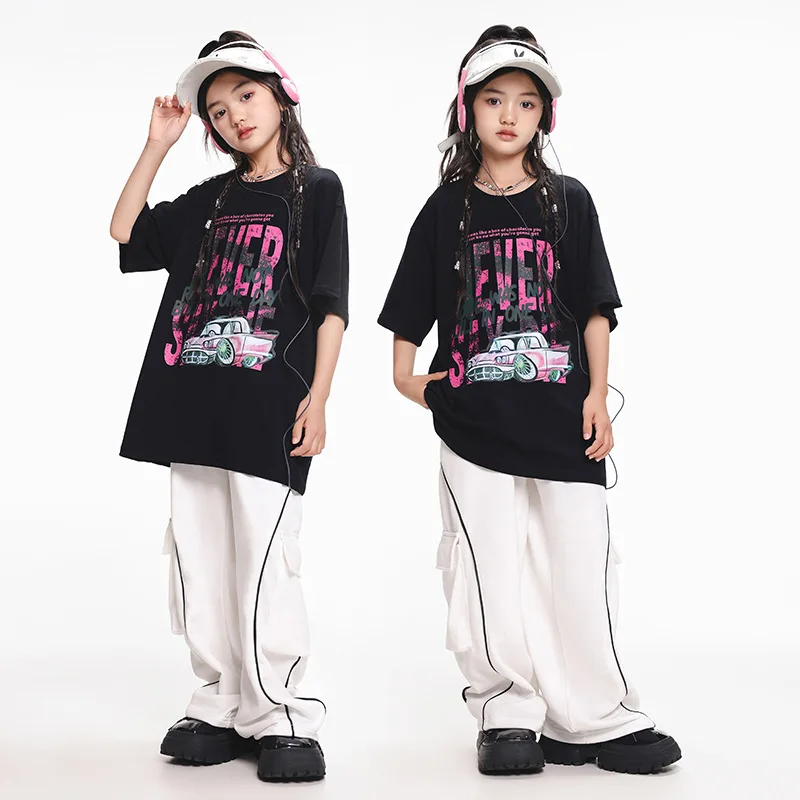 

Girls Hip Hop Costume Street Dance Black T Shirt White Pants Kids Jazz Dance Clothes Teenagers Stage Performance Suit Rave Wear