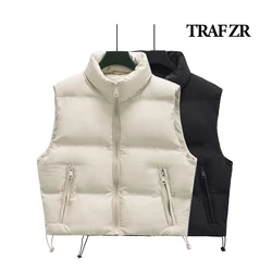 TRAF ZR Female Winter Padded Vest Stand Collar Woman New Fashion Winter Lined Coats Front Zip Pockets New in Thick Outerwears