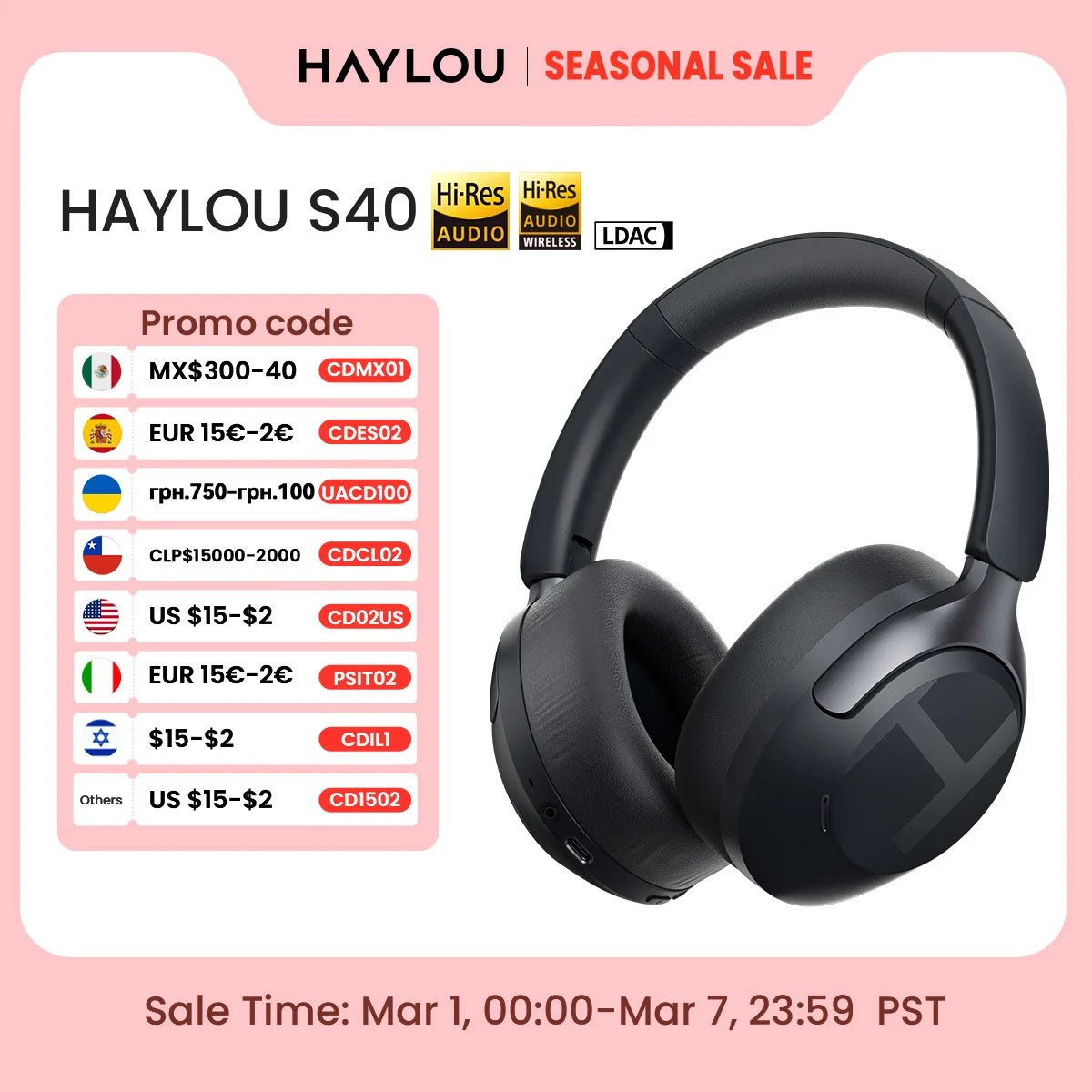 HAYLOU S40 ANC Wireless Headphone 50dB Noise Canceling Hi-Res 3D Spatial Audio Earphone with LDAC Bluetooth 6.0 Over Ear Headset