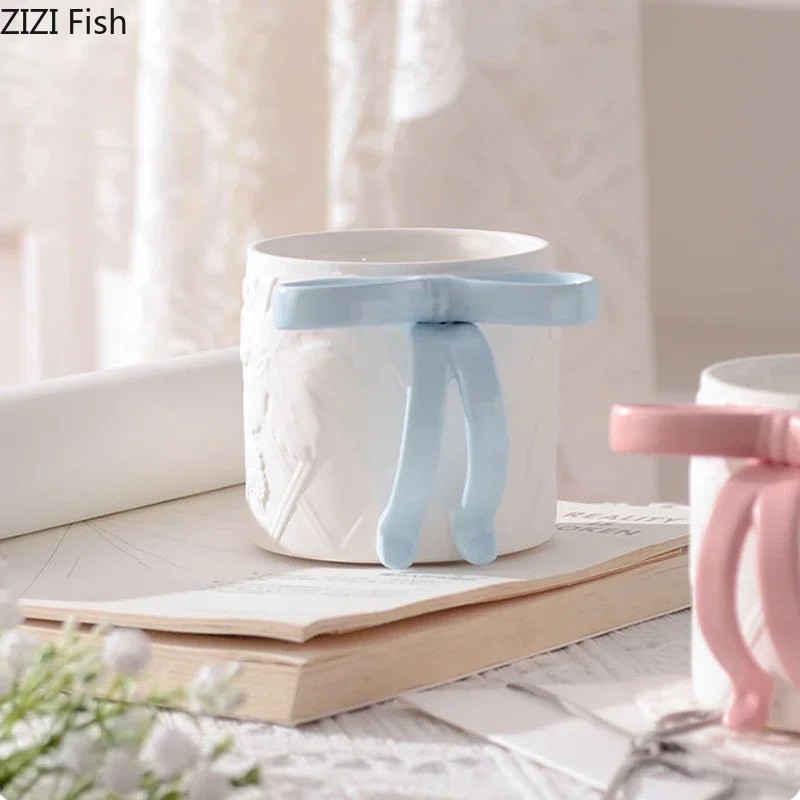 Cute Bowknot Decorative Mug Ceramic Cup&saucer Dining Table Coffee Cup Milk Tea Mugs Afternoon Tea Teacup Fruit Juice Container