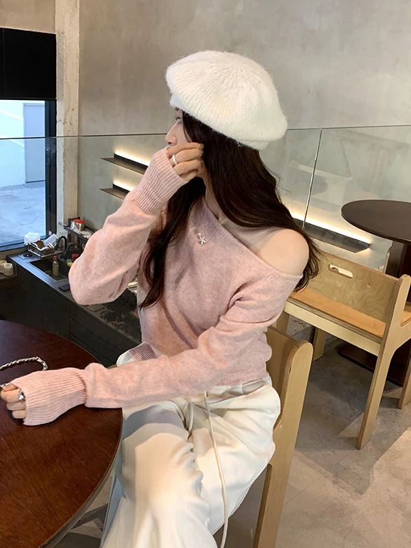 فضفاض oulder ey محبوك قاعدة irt المرأة طويلة Sve التعرض oulder أعلى الكورية Sle الخريف Faion مزيج الصوف عادية