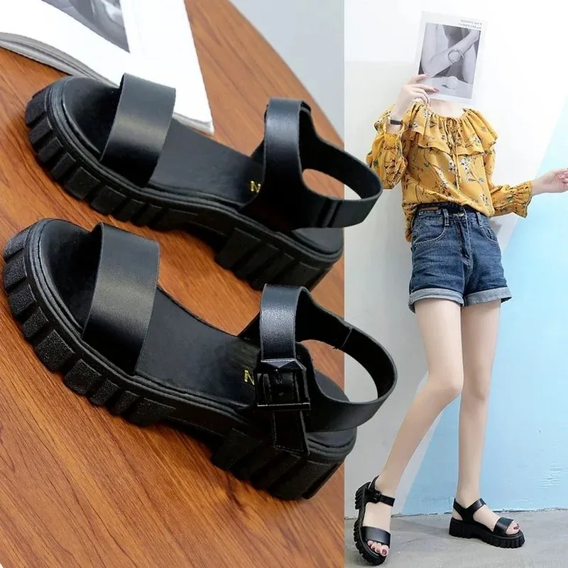 2022 Summer Thick Sole Leather Sandals Ladies Casual Comfort Flat Women Shoes Sandals High Heels Rubber Sole Sandals Slippers