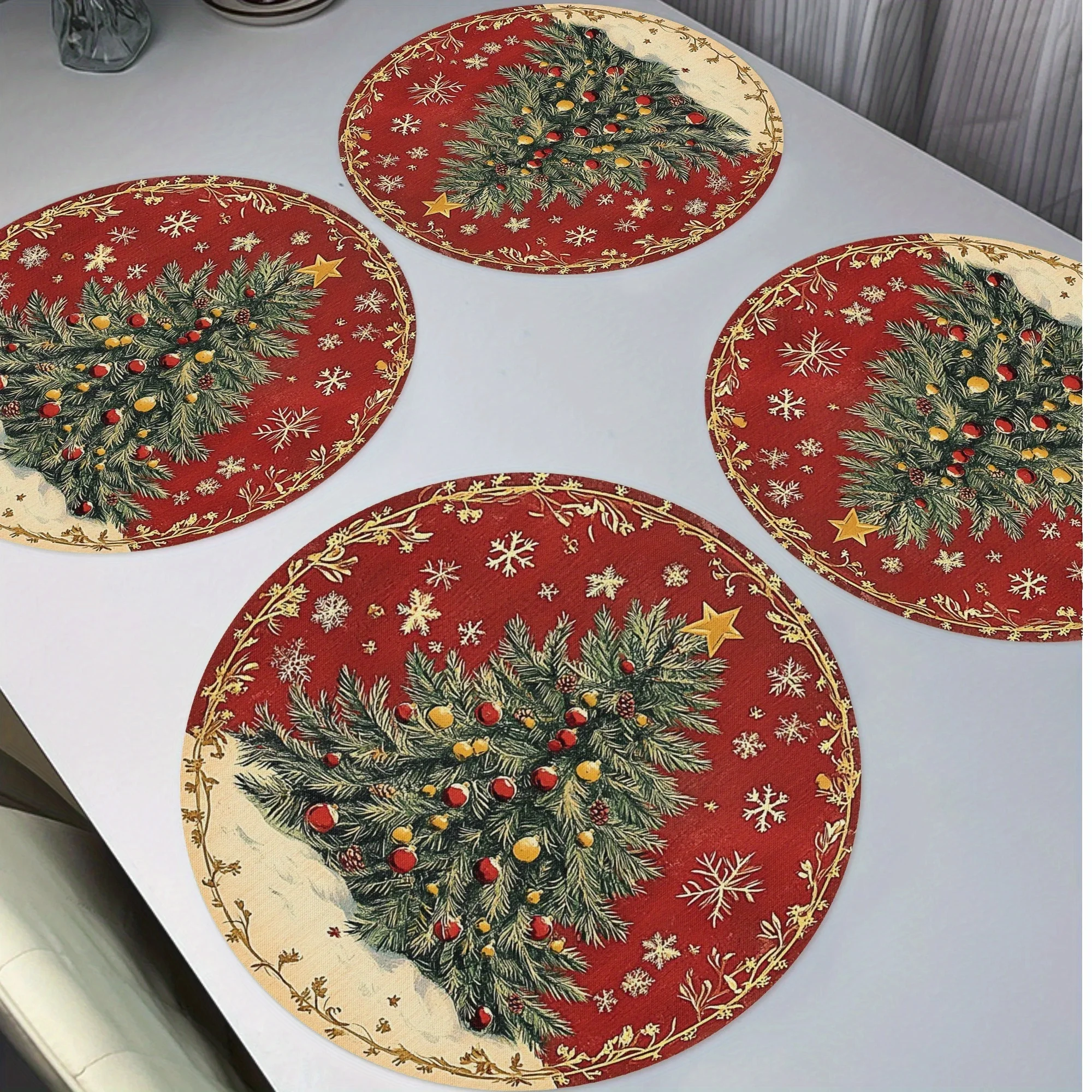 VIKAMA 4-Piece Christmas Tree Colorful Lights Placemats untuk Dekorasi Meja dan Aksesori Pesta Natal di Ruang Makan Rumah
