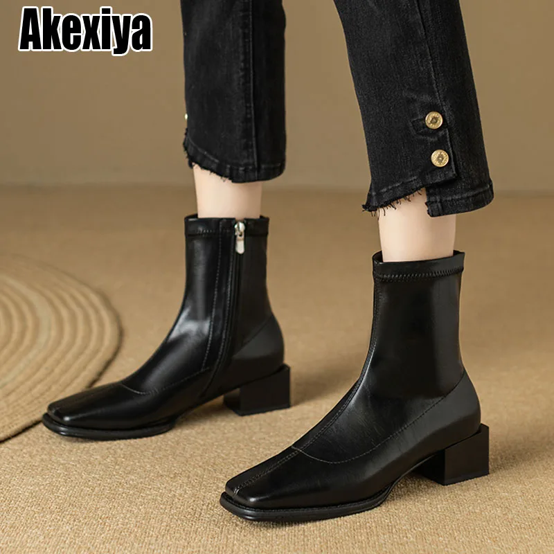 

2023 New Square Toe Ankle Women Boot High Quality Soft Leather Short Boot Zipper Chelsea Shoes Zapatos Muje bc7123