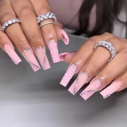 24pcs Love Rhinestones False Nails Pink Full Cover Long Square Press on Nails Fake Nail Finished Ballet Wearable Manicure Sets