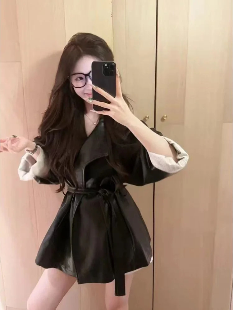 

Простое пальто средней длины со свободным воротником-стойкой, офисное женское кожаное пальто премиум-класса, новая элегантная облегающая верхняя одежда High Street