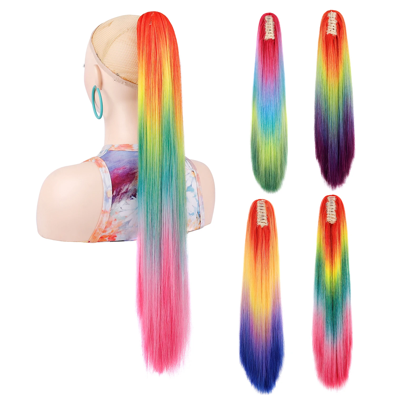 Jeedou Ponytail Hair Extension Long Straight Ponytails Colorfull Rainbow Ombre Color Claw Clip On Pony Tail Synthetic Hairpiece