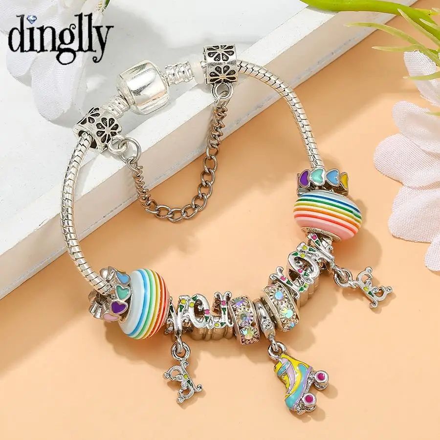 

DINGLLY Rainbow LOVE Beaded Roller Skates Charm Bracelets For Women Heart Beads Silver Color Bangle Jewelry Gifts