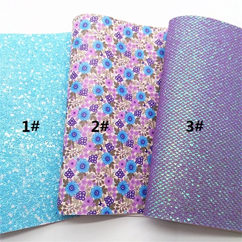 Blue Glitter Leather Flowers Printed Synthetic Leather Hearts Custom Glitter Stripes Faux Leather for DIY Craft 8.2