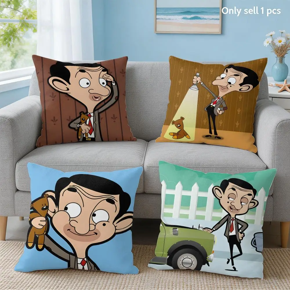 Mr. B-Bean Cartoon Cushion Cover Soft Short Plush Throw Pillow Cover Hidden Zipper Cutecore Sofa Bedroom Home Decor