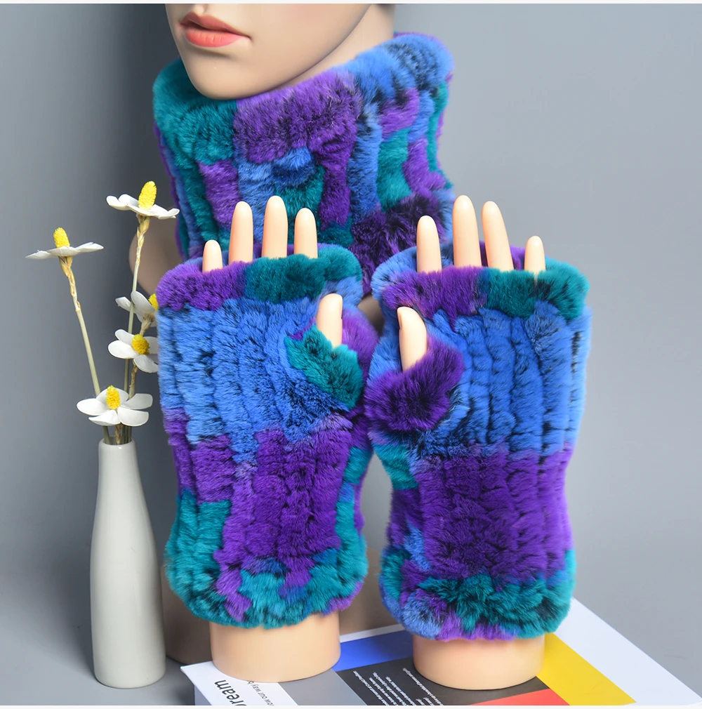 One Set Women Real Rex Rabbit Fur Cuff+Headband Winter Warmer Hat Arm Wrist Sleeve Gloves Female Real Fur Cap+Elastic Wristband