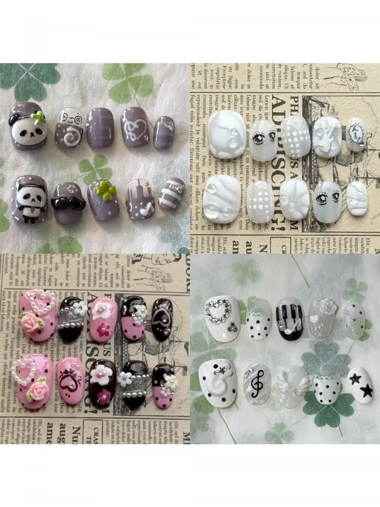 10 pièces de faux ongles courts carrés et ronds à presser, style Y2K, mignons, faits main, avec motifs panda, lapin, nœud papillon, fleur, perle, diamant, étoiles et yeux, couvrance totale