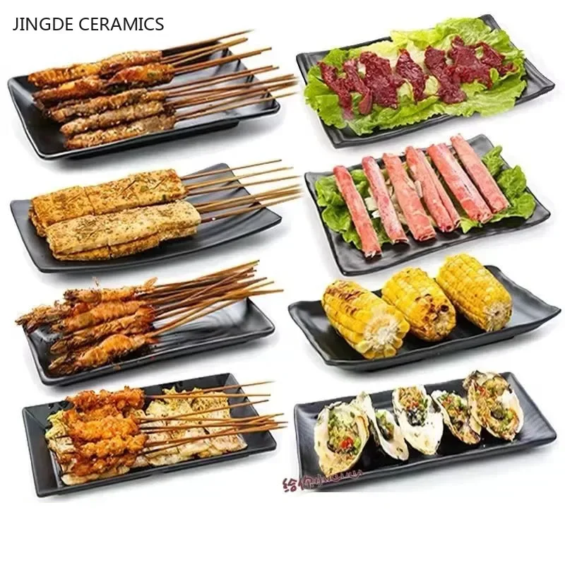 1Pc Black Rectangular Barbecue Plate Melamine Tableware Commercial Hot Pot Vegetable Plate Japanese Barbecue Plastic Plate