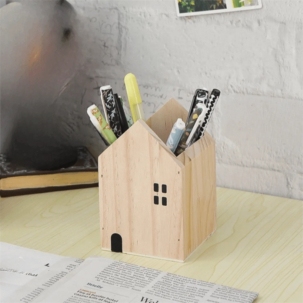 2PCS Wooden House Shape Pen Container Cartoon Vintage Makeup Brush Storage Box Polished Surface Cottage Shape Pen Holder Office