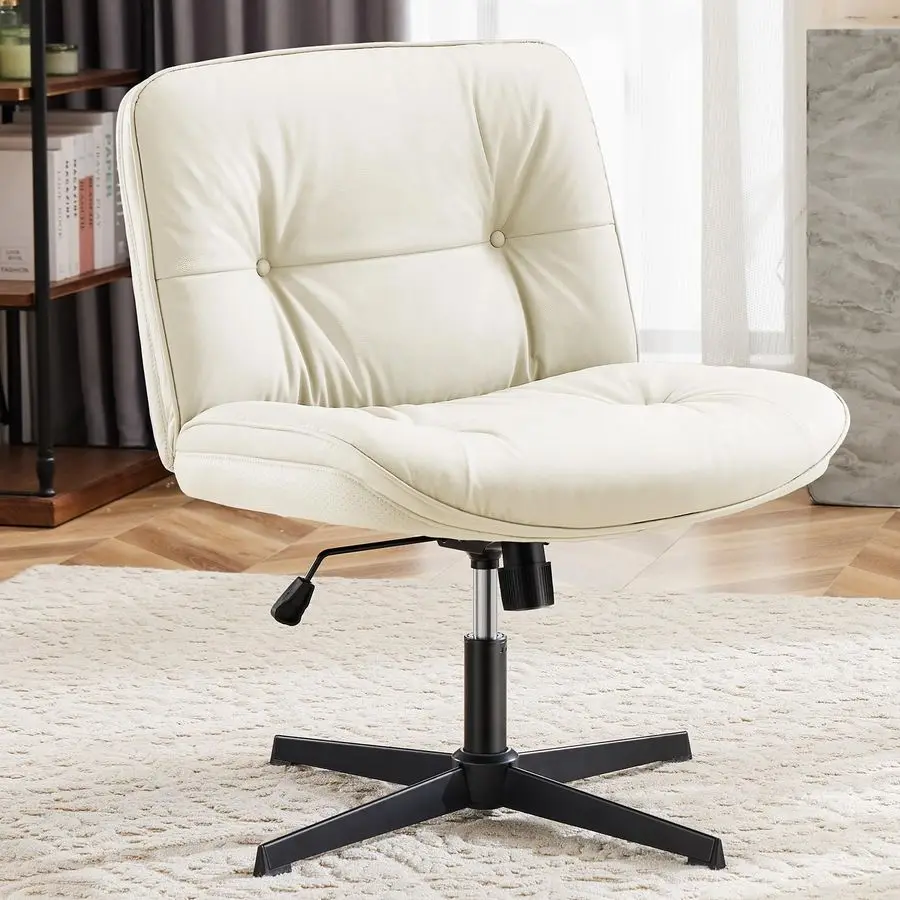 

Criss Cross Chair Without Wheels, Cross Legged Office Chair, Armless Wide Vanity Desk Chair with Comfy PU Leatheramp Back Swivel