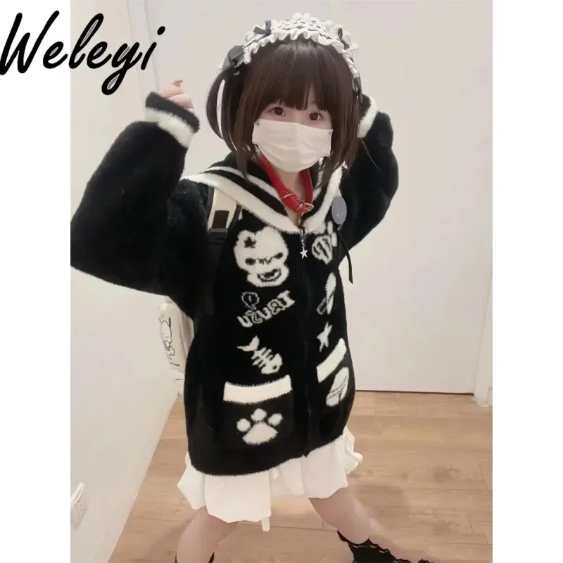 

Japanese Black and White Cute Cardigan Women Autumn and Winter Hairy Sailor Collar Sweater Lazy Style Loose Subculture Punk Coat