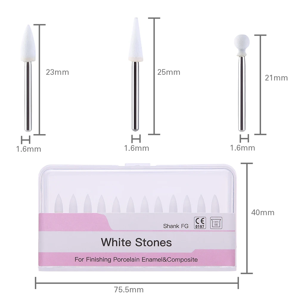 12pcs/Pack AZDENT Dental Polisher White Stone Flame Cone Round Shape Polishing Tool Metal Resin Porcelain Dentistry Instrument