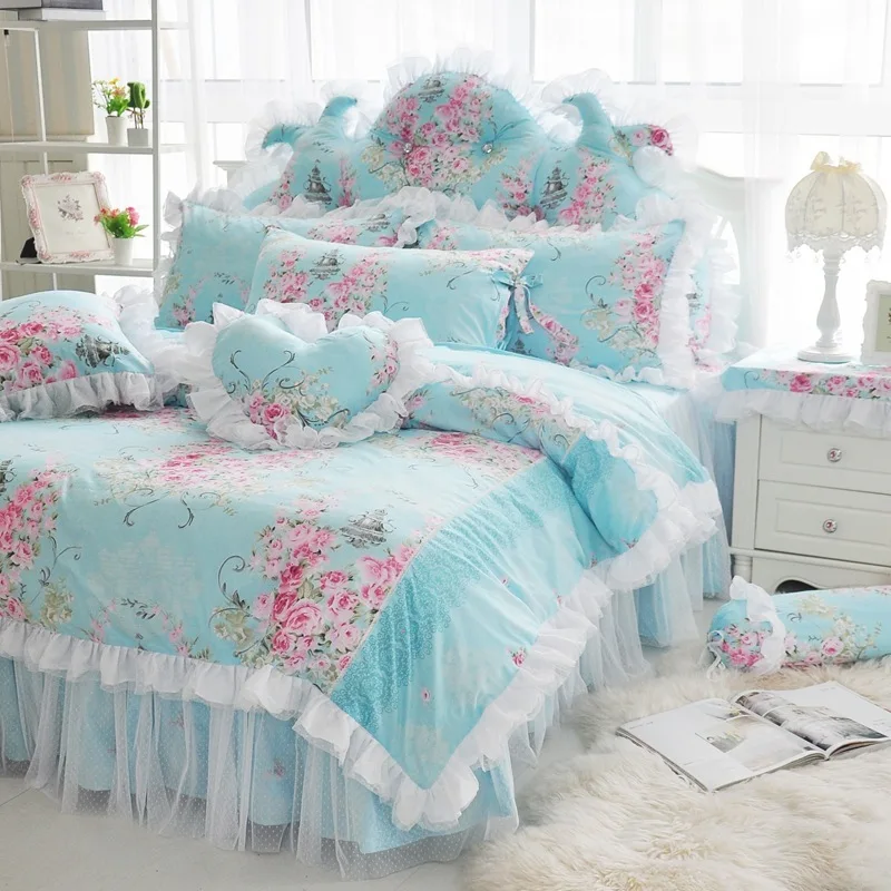 

Korean Pink Lace Princess Duvet Cover Bed Bedspread Bedding Set King Queen Bed Skirts Bedclothes Cotton Home Bedding Textile