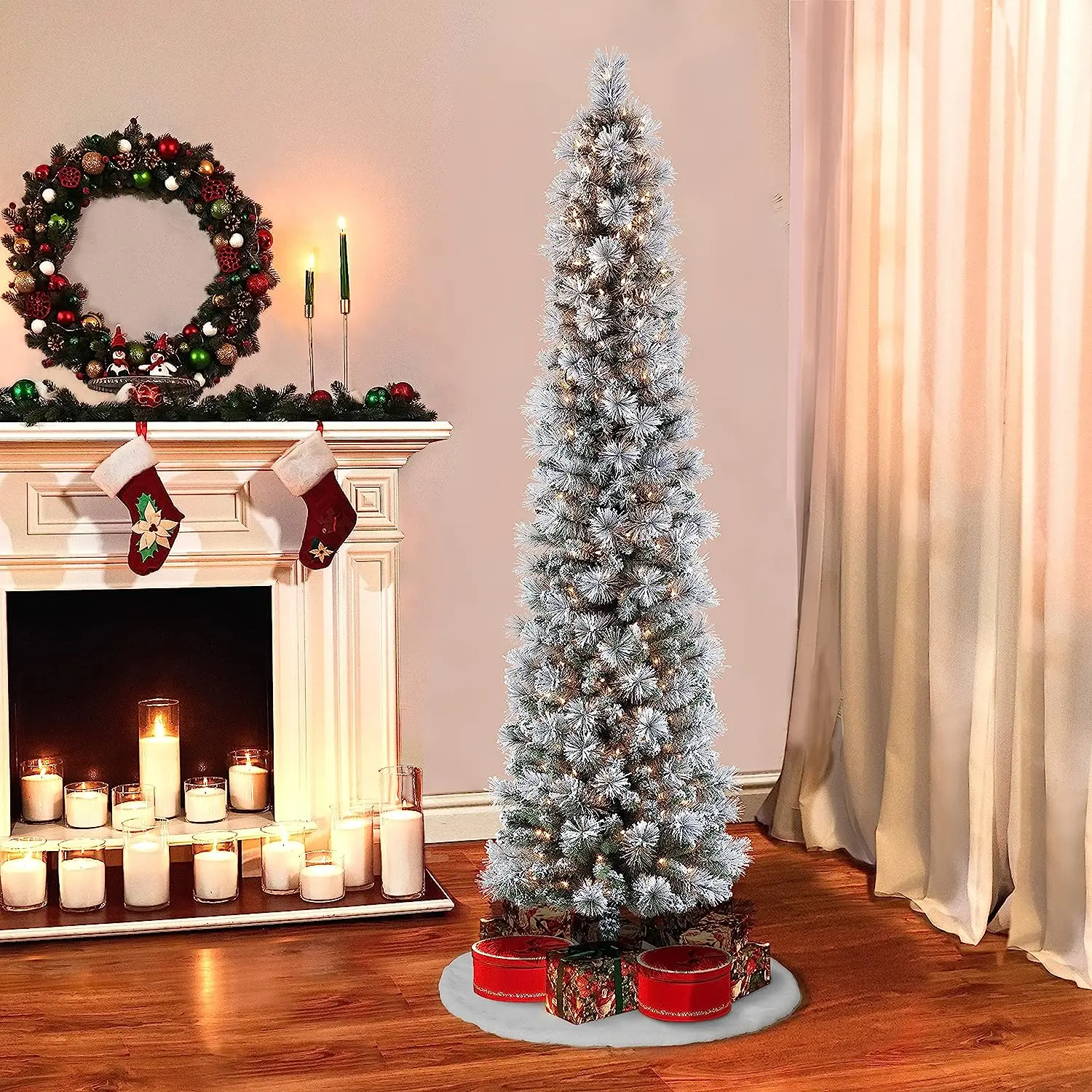 6.5 Ft Pre-Decorated Pencil Christmas Tree Pre-Lit Holiday Tree with Clear Lights Collapsible for Easy Storage Pinecones 699 PVC